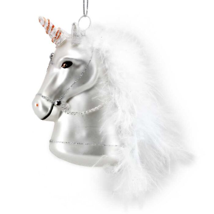 Gisela Graham White Glass/Faux Fur Unicorn Head Decoration-2